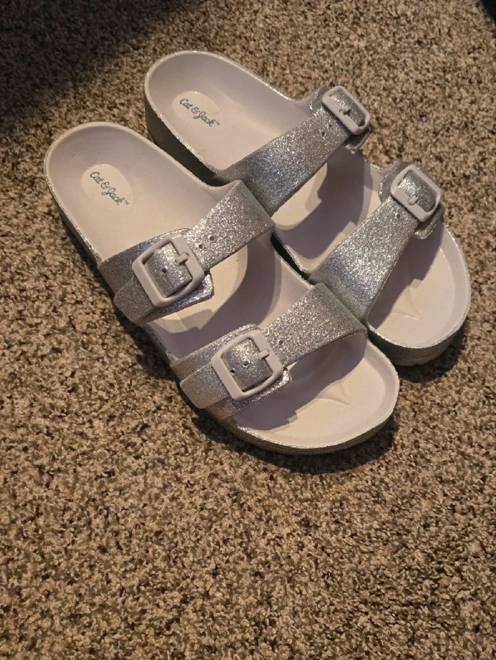 Cat & Jack Silver Glitter Double-Buckle Slide Sandals
